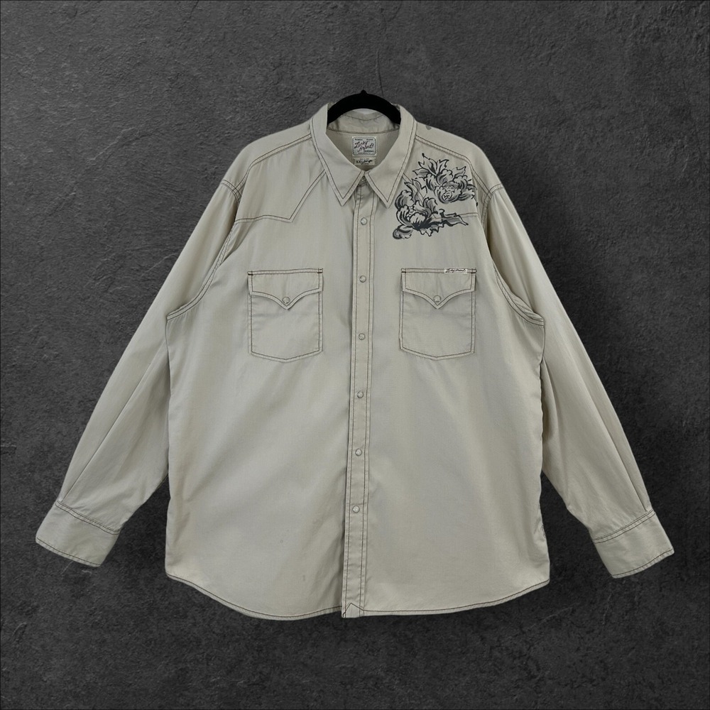 Lucky Brand Pearl Snap Shirt Mens 2XL Beige Tiger Print Western Cowboy Rodeo
